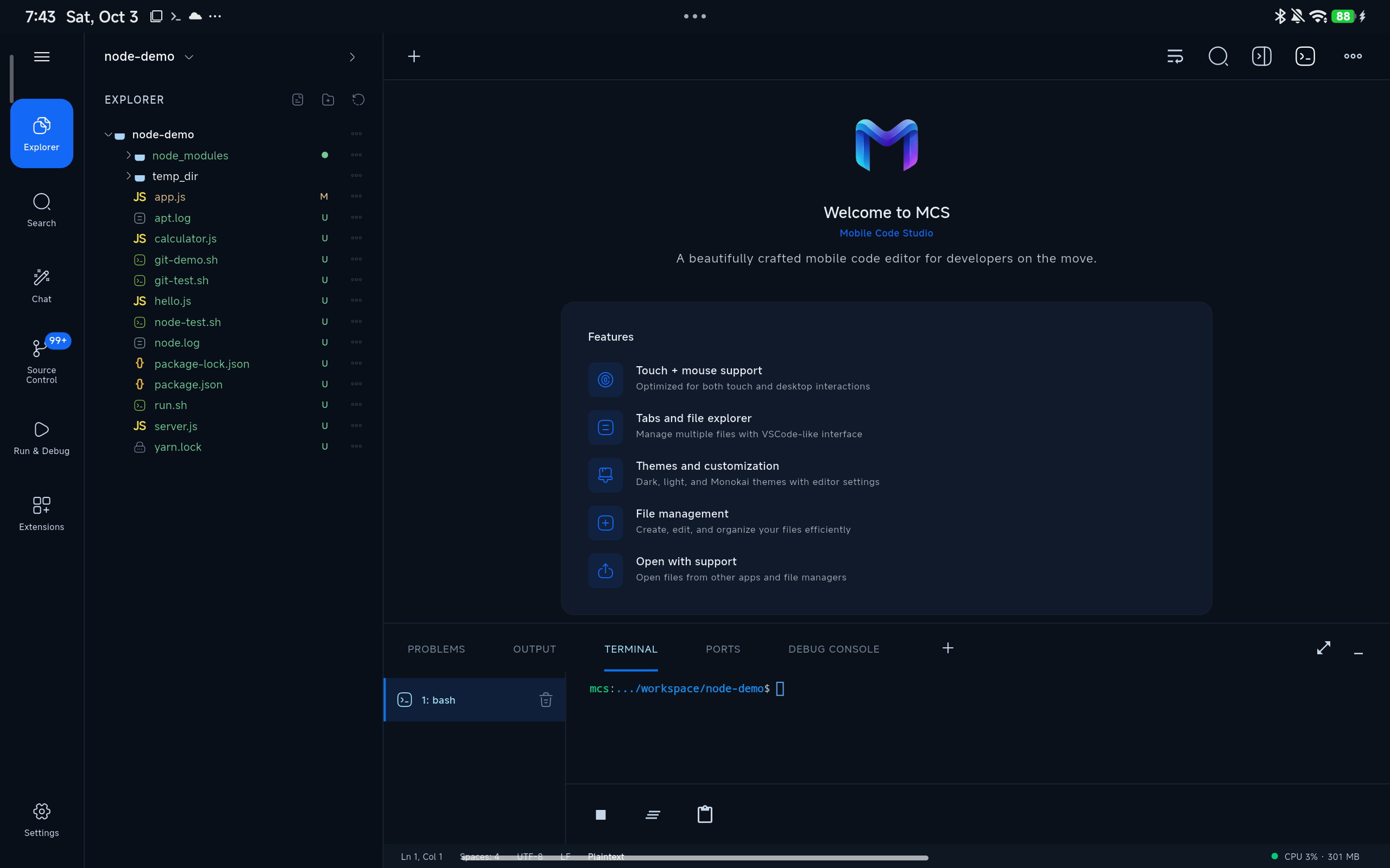 Full MCS app screen on an Android tablet, showing the project explorer, welcome workspace, editor toolbar, and terminal